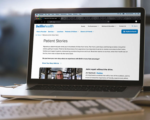 Front page of the "Welcome to the Home Team" Bellin Patient Stories site, shown on a MacBook