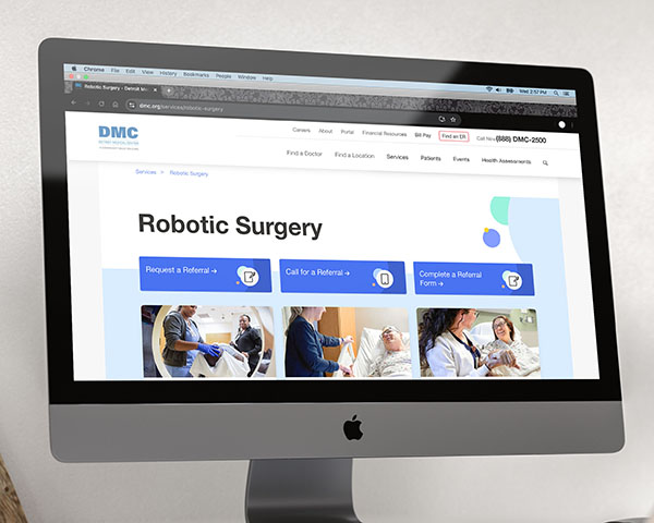 Cropped image from Detroit Medical Center's Robotic Surgery landing page, shown on an iMac