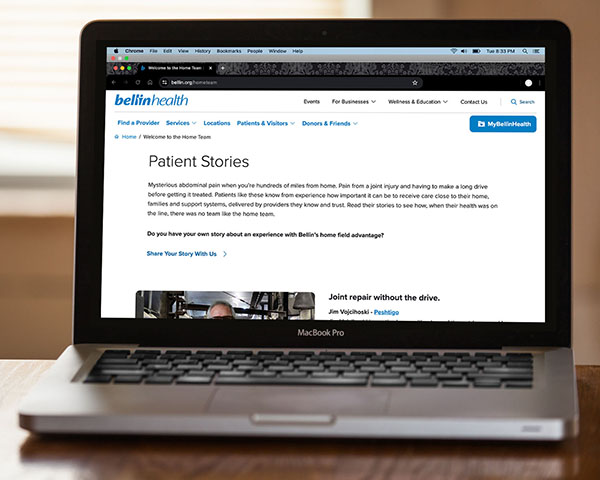 The front page of the Bellin Health "Welcome to the Home Team" Patient Stories page, shown on a MacBook